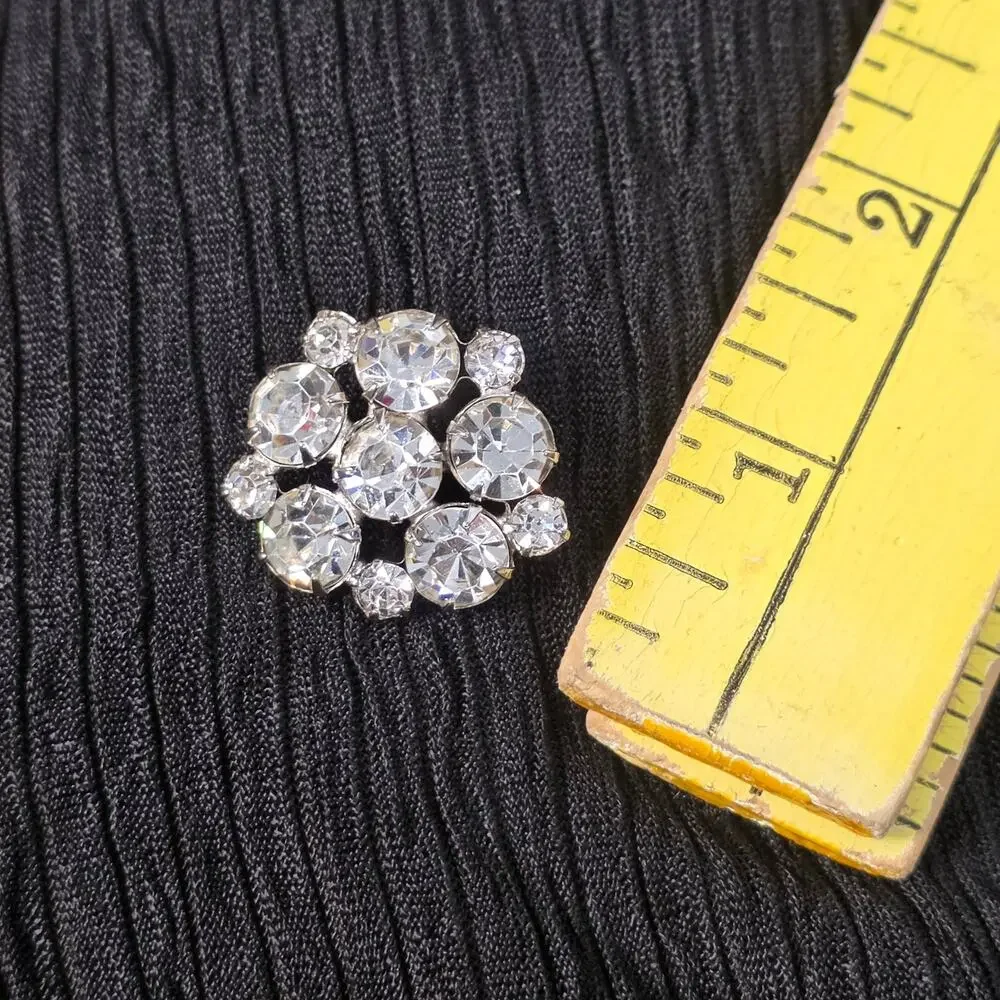 Vintage Clear Rhinestone Cluster Brooch Silver Tone Floral Pin Old Hollywood